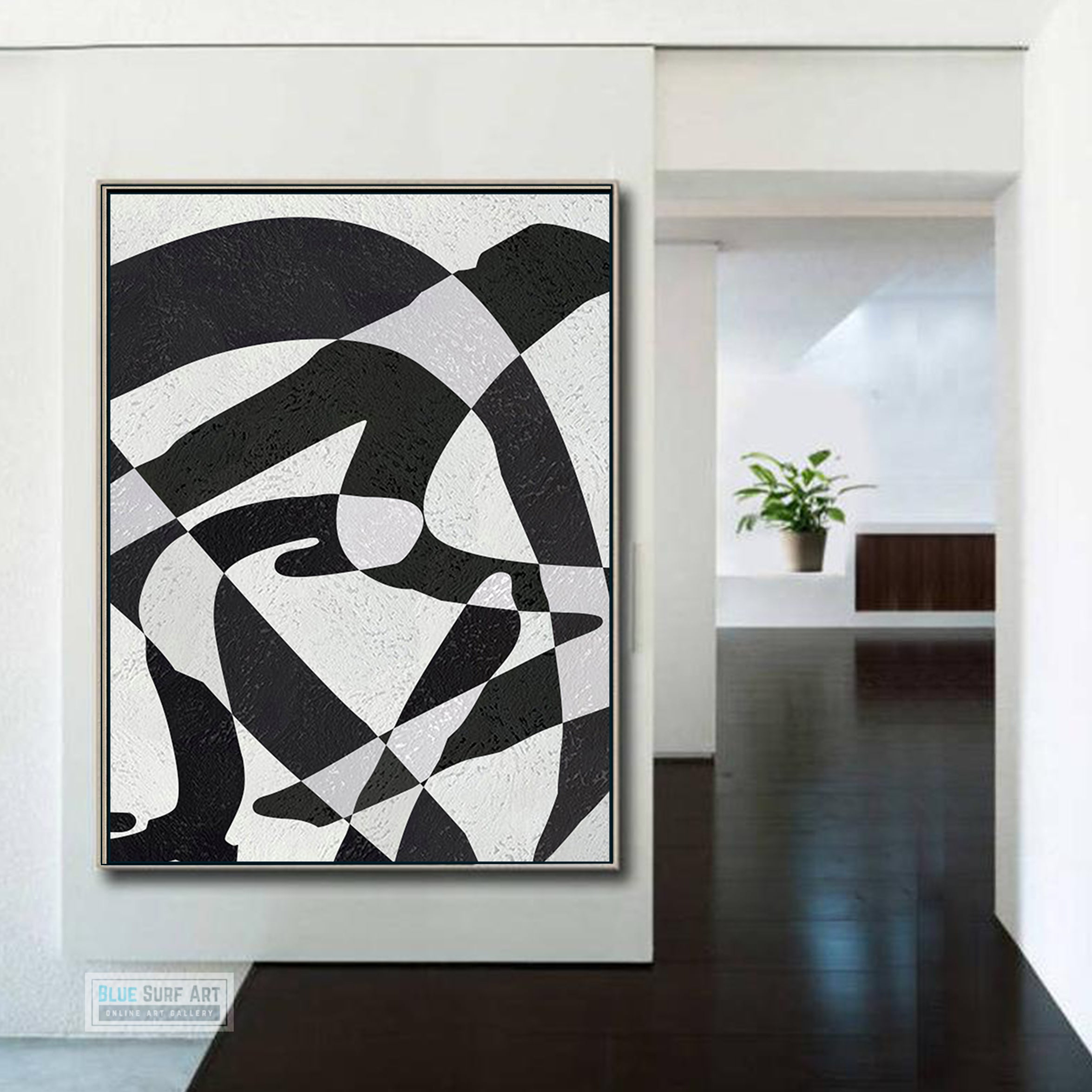 Modern Illusion Abstract Canvas Wall Art, Original Oil Painting, Black and White Living Room Wall Art Decor no. 58