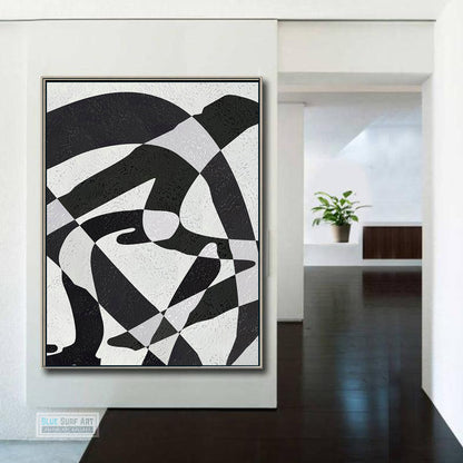 Modern Illusion Abstract Canvas Wall Art, Original Oil Painting, Black and White Living Room Wall Art Decor no. 58