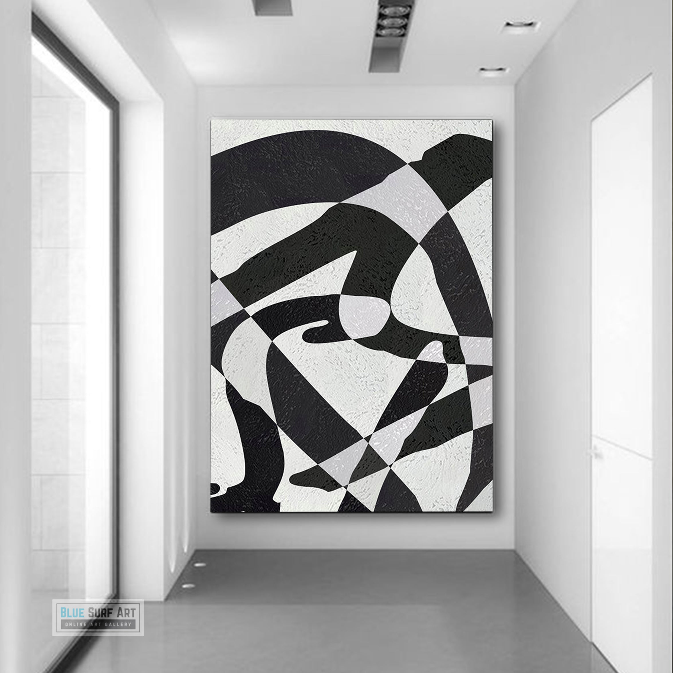 Modern Illusion Abstract Canvas Wall Art, Original Oil Painting, Black and White Living Room Wall Art Decor no. 58