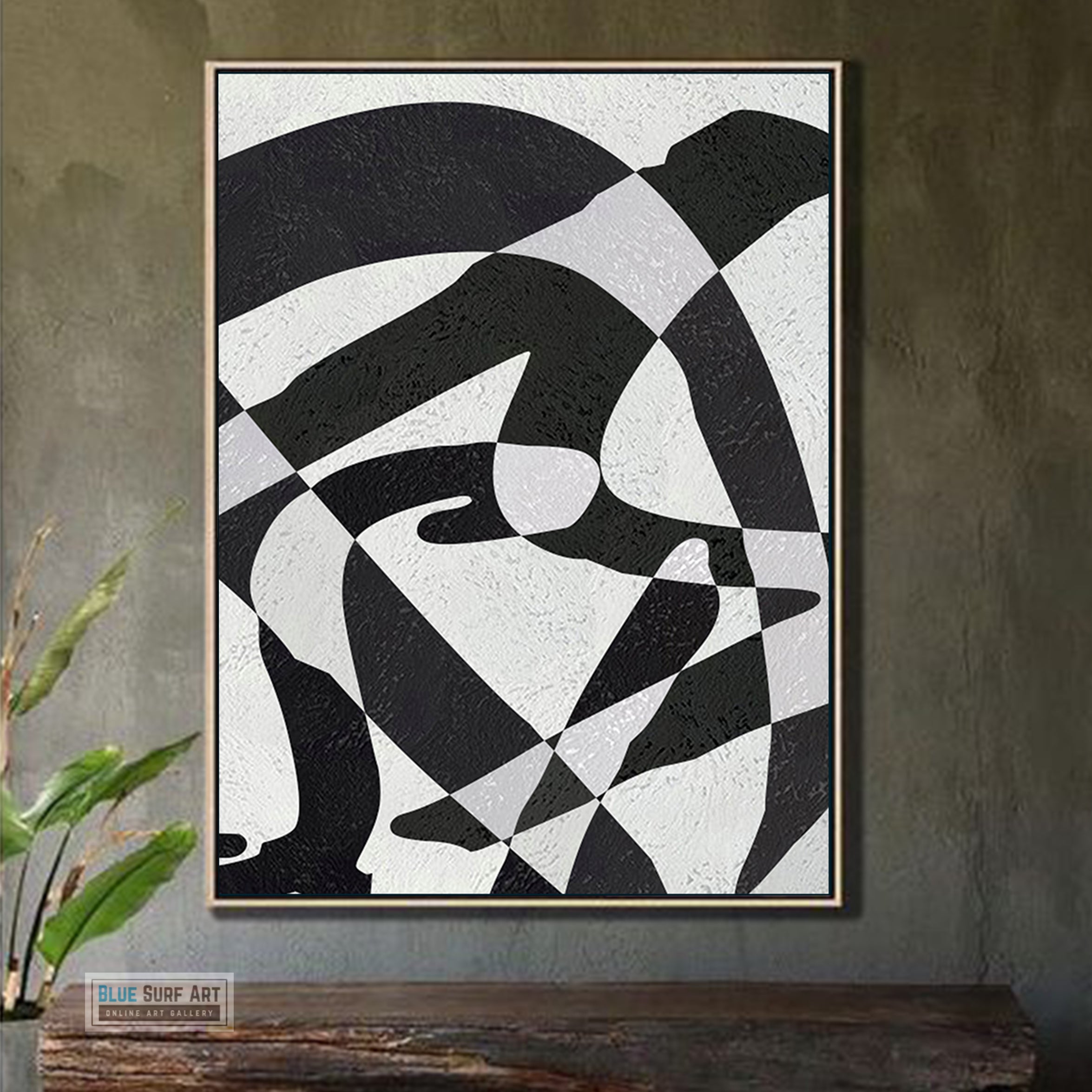 Modern Illusion Abstract Canvas Wall Art, Original Oil Painting, Black and White Living Room Wall Art Decor no. 58