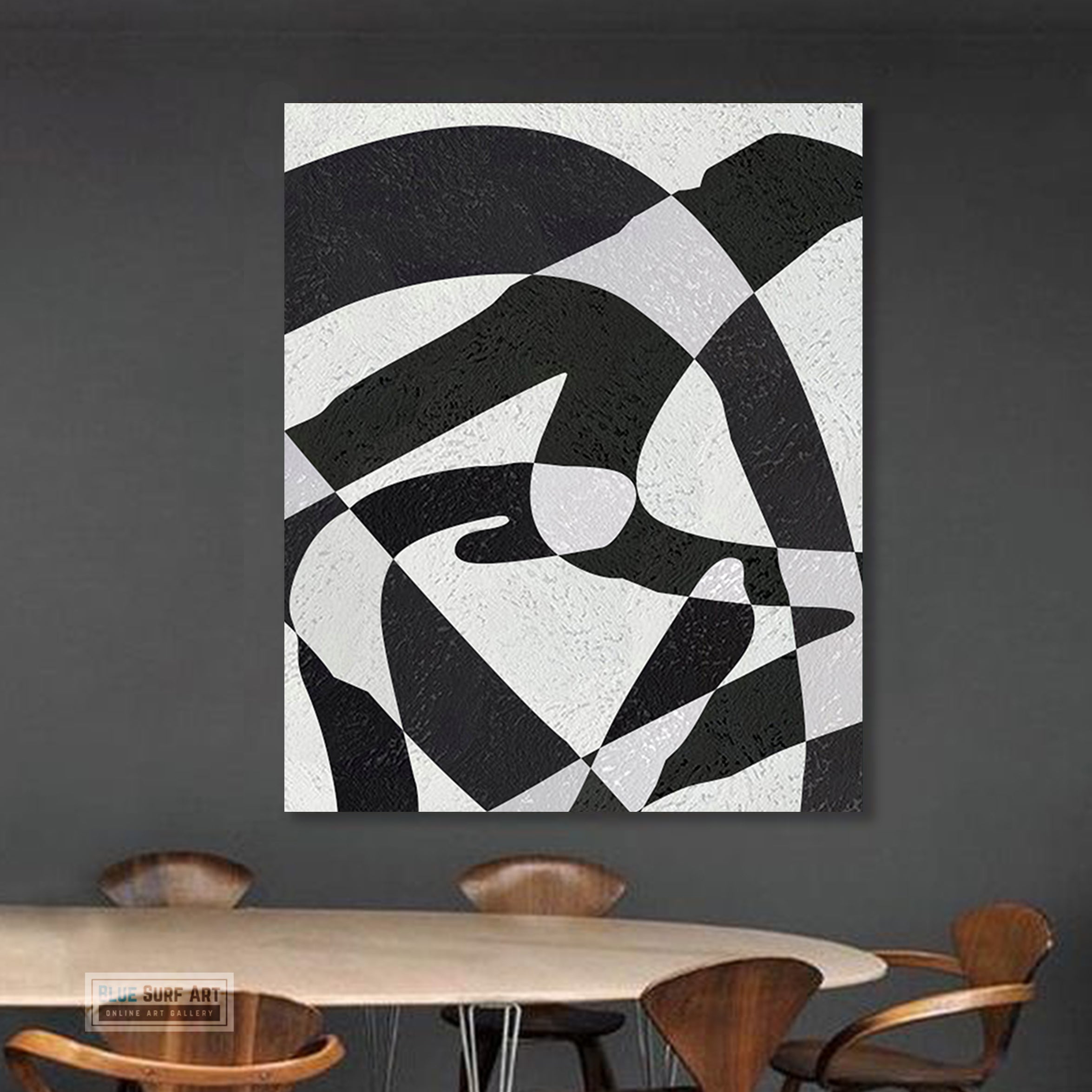Modern Illusion Abstract Canvas Wall Art, Original Oil Painting, Black and White Living Room Wall Art Decor no. 58