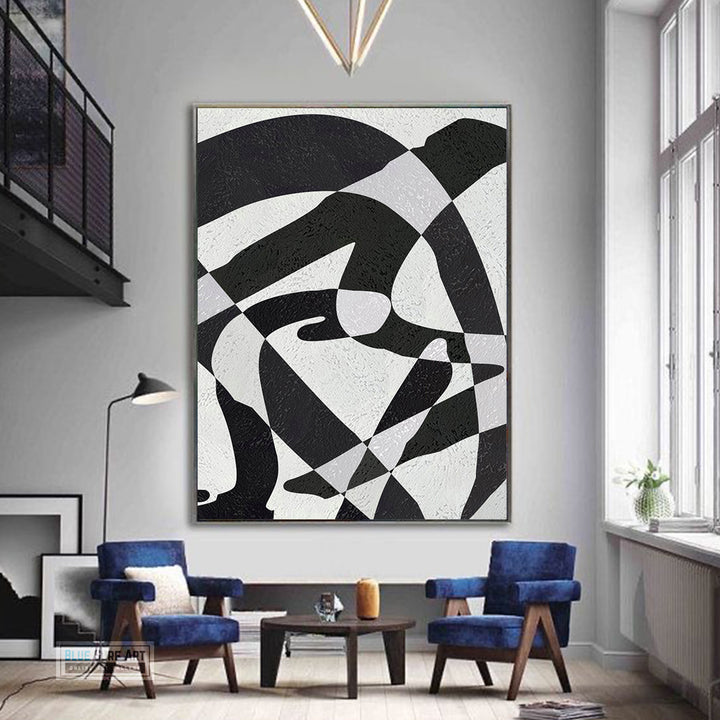 Modern Illusion Abstract Canvas Wall Art, Original Oil Painting, Black and White Living Room Wall Art Decor no. 58