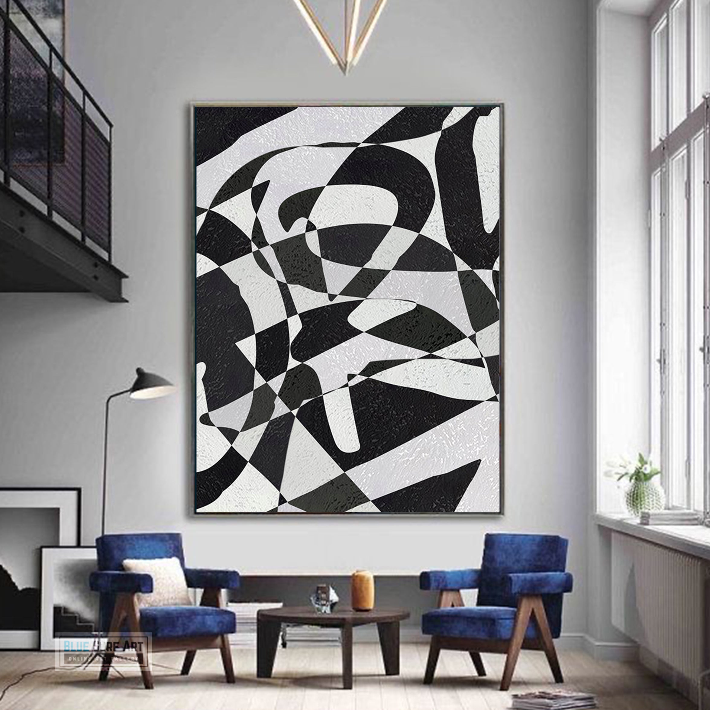 Modern Illusion Abstract Canvas Wall Art, Original Oil Painting, Black and White Living Room Wall Art Decor no. 59