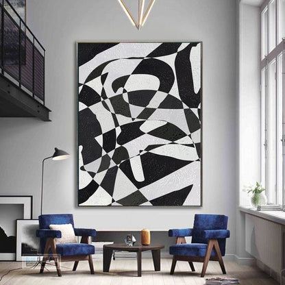 Modern Illusion Abstract Canvas Wall Art, Original Oil Painting, Black and White Living Room Wall Art Decor no. 59