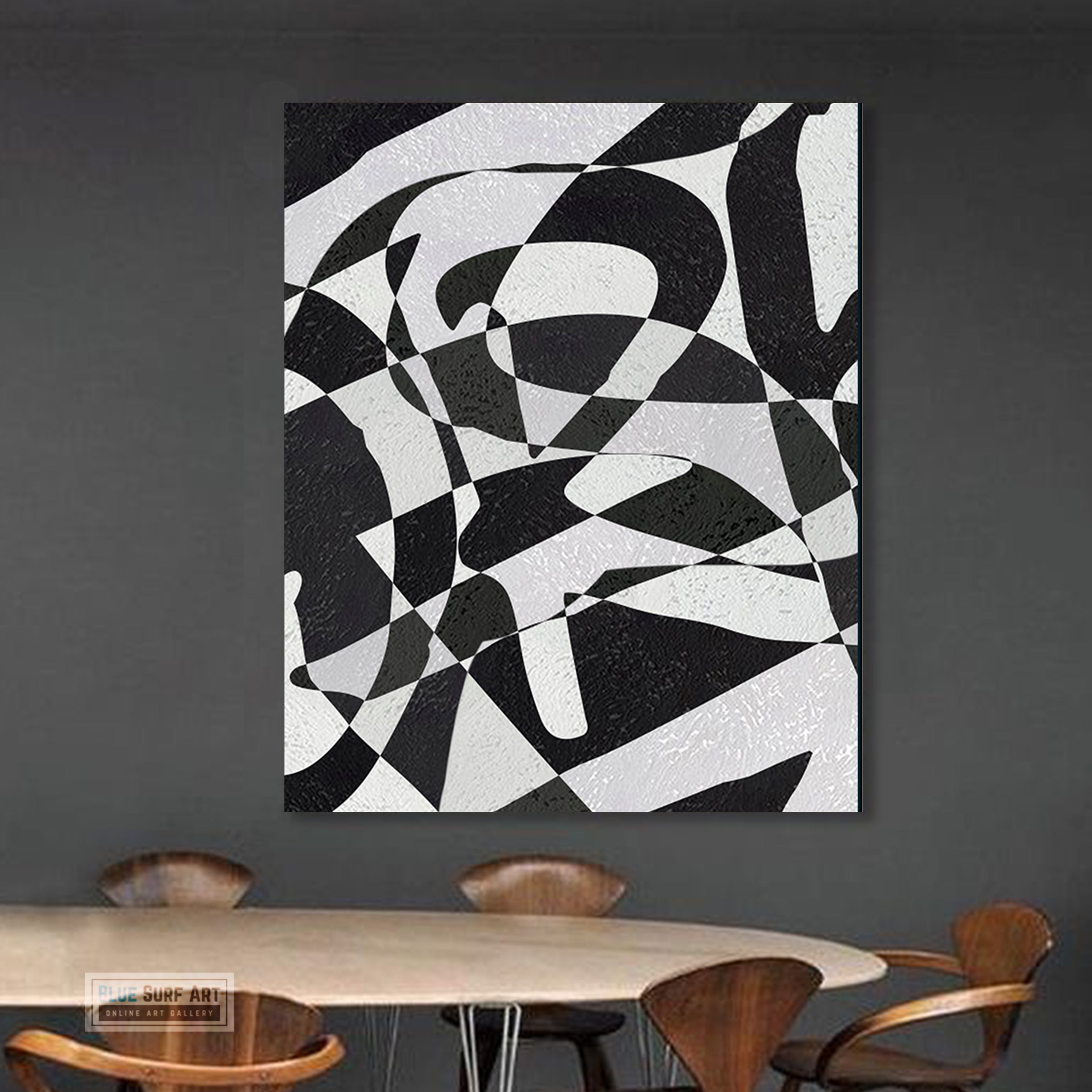 Modern Illusion Abstract Canvas Wall Art, Original Oil Painting, Black and White Living Room Wall Art Decor no. 59