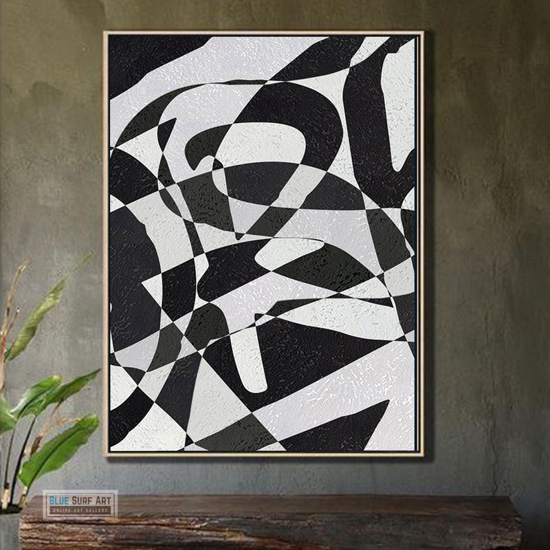 Modern Illusion Abstract Canvas Wall Art, Original Oil Painting, Black and White Living Room Wall Art Decor no. 59