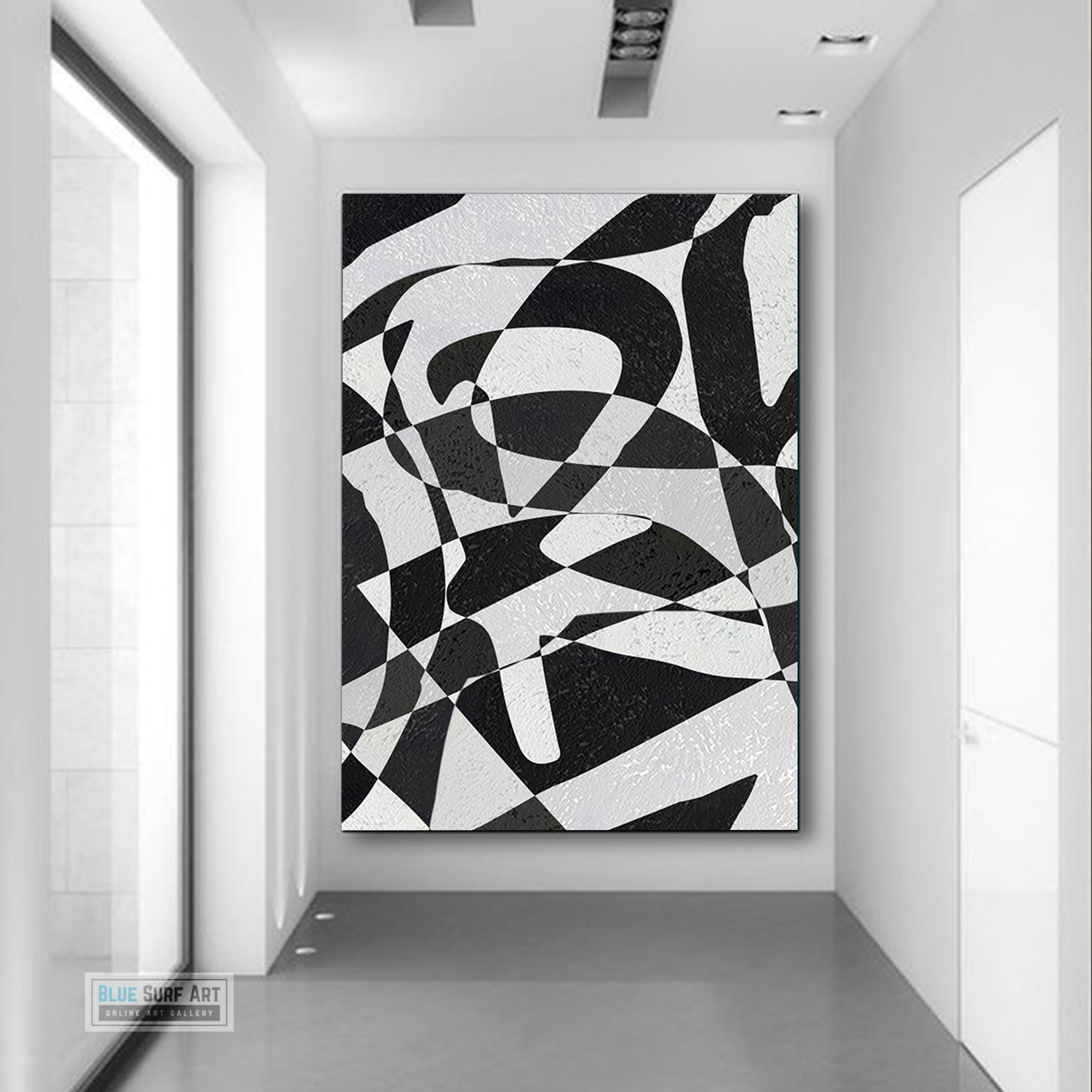 Modern Illusion Abstract Canvas Wall Art, Original Oil Painting, Black and White Living Room Wall Art Decor no. 59