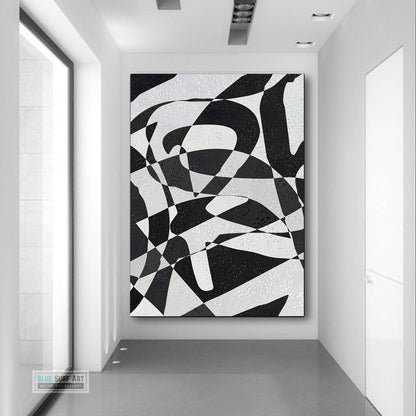 Modern Illusion Abstract Canvas Wall Art, Original Oil Painting, Black and White Living Room Wall Art Decor no. 59
