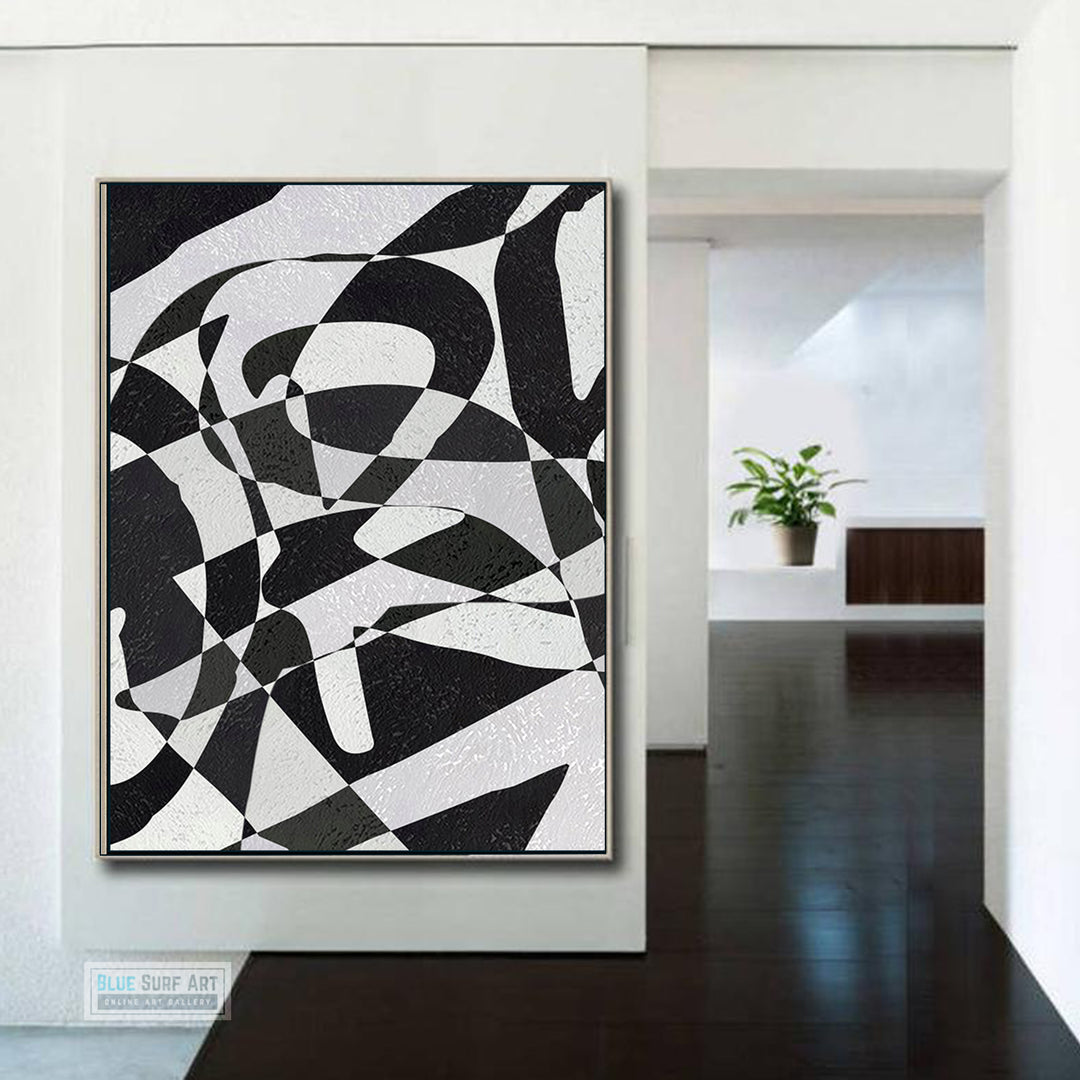 Modern Illusion Abstract Canvas Wall Art, Original Oil Painting, Black and White Living Room Wall Art Decor no. 59