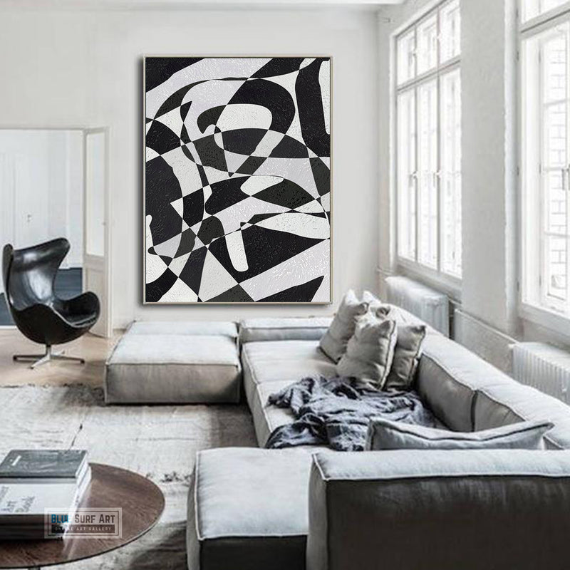 Modern Illusion Abstract Canvas Wall Art, Original Oil Painting, Black and White Living Room Wall Art Decor no. 59