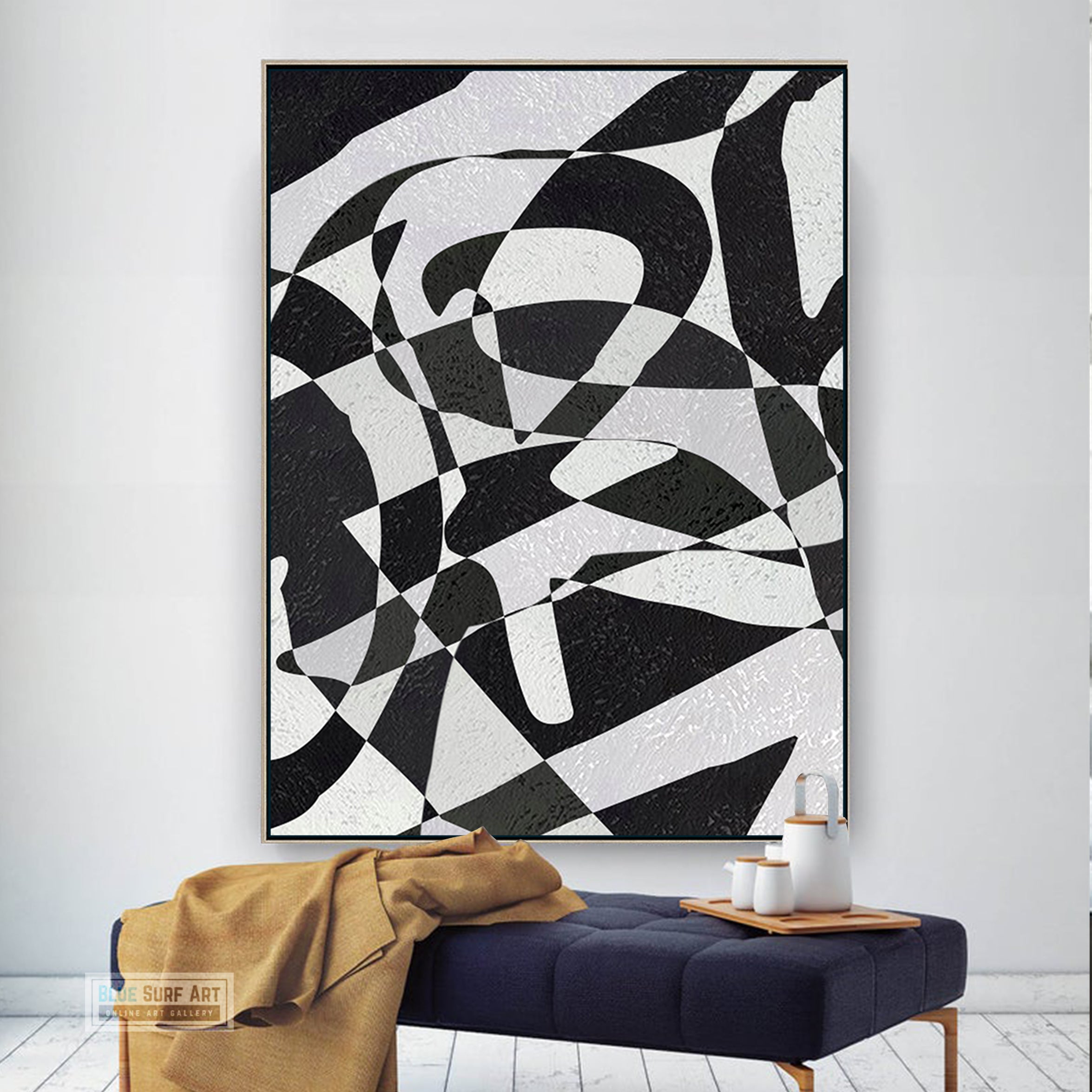 Modern Illusion Abstract Canvas Wall Art, Original Oil Painting, Black and White Living Room Wall Art Decor no. 59