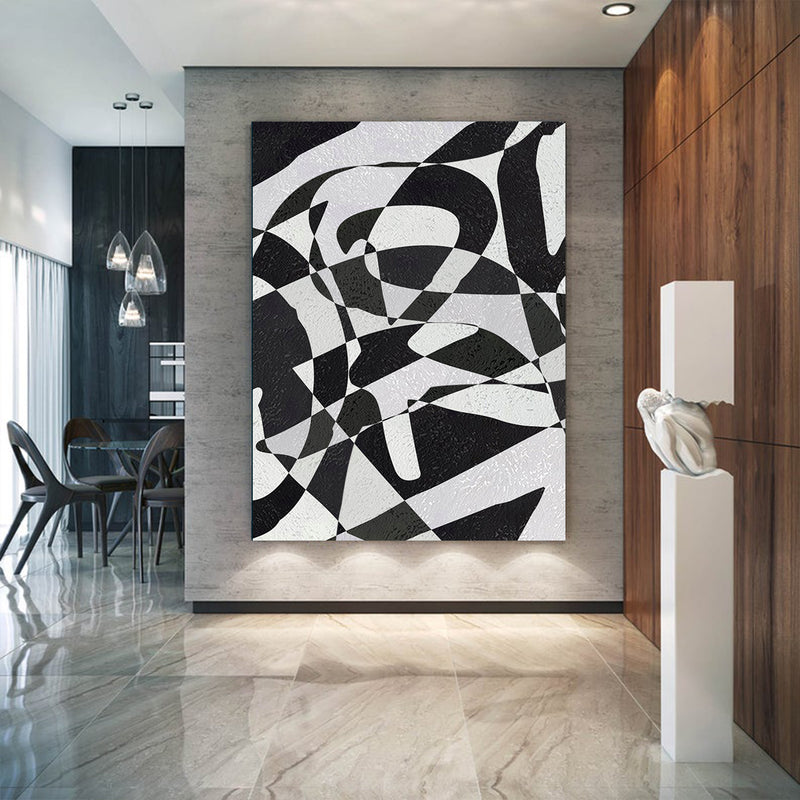 Modern Illusion Abstract Canvas Wall Art, Original Oil Painting, Black and White Living Room Wall Art Decor no. 59