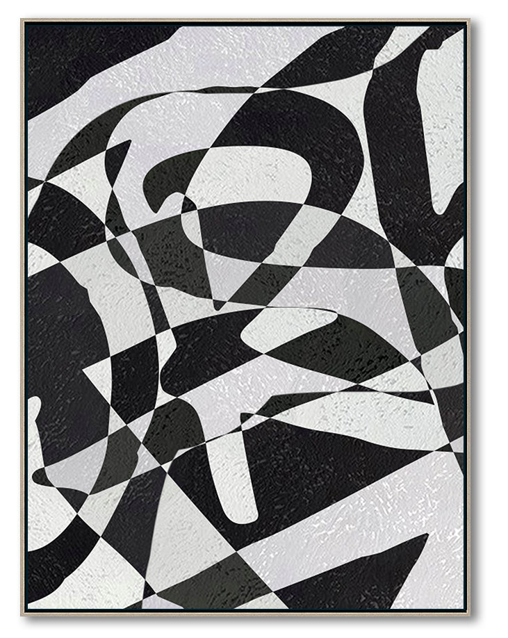 Modern Illusion Abstract Canvas Wall Art, Original Oil Painting, Black and White Living Room Wall Art Decor no. 59