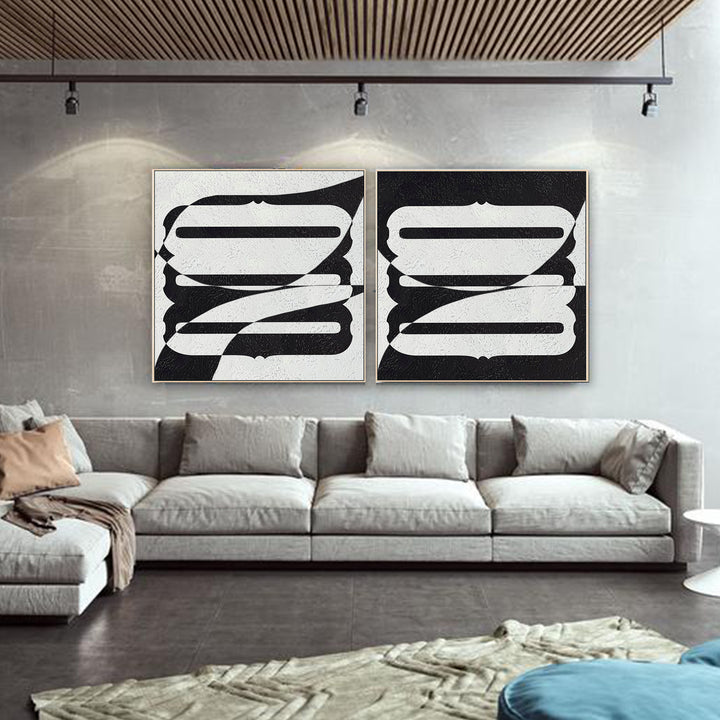 Large Abstract Painting, Oversized Black and White Wall Art Painting - duo painting
