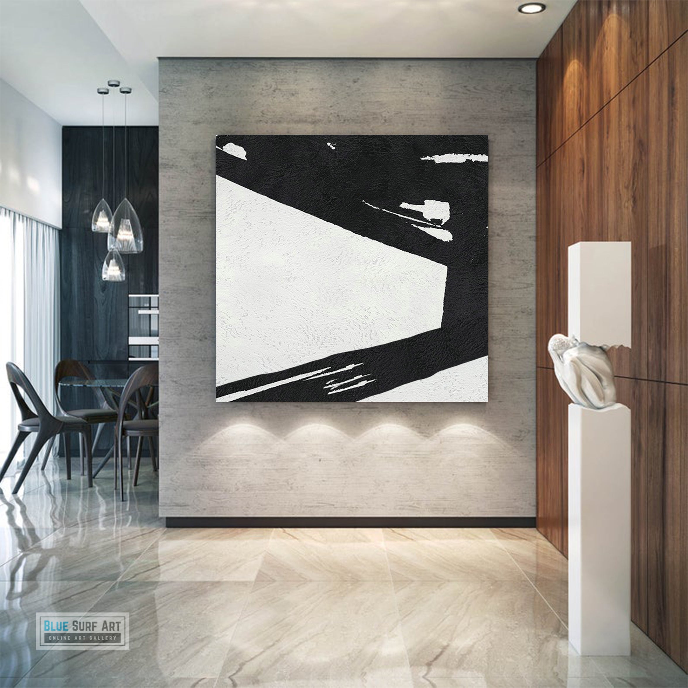 Large Abstract Minimalist Painting On Canvas, Black and White Square Size Painting II - contemporary art