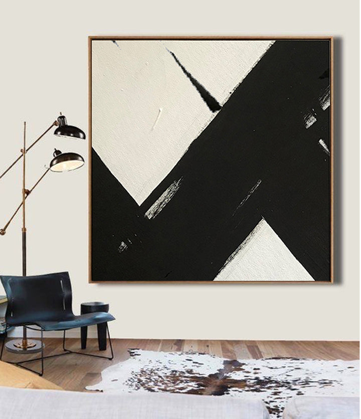 Large Abstract Painting On Canvas, Black and White Square Size Painting - living room decor