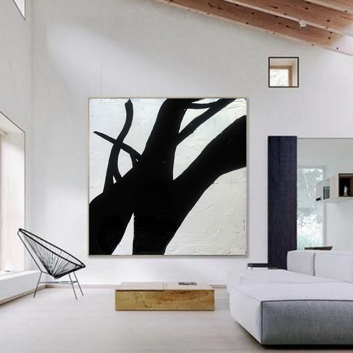 Large Abstract Minimalist Painting On Canvas, Black and White Square Size Painting - modern room decor