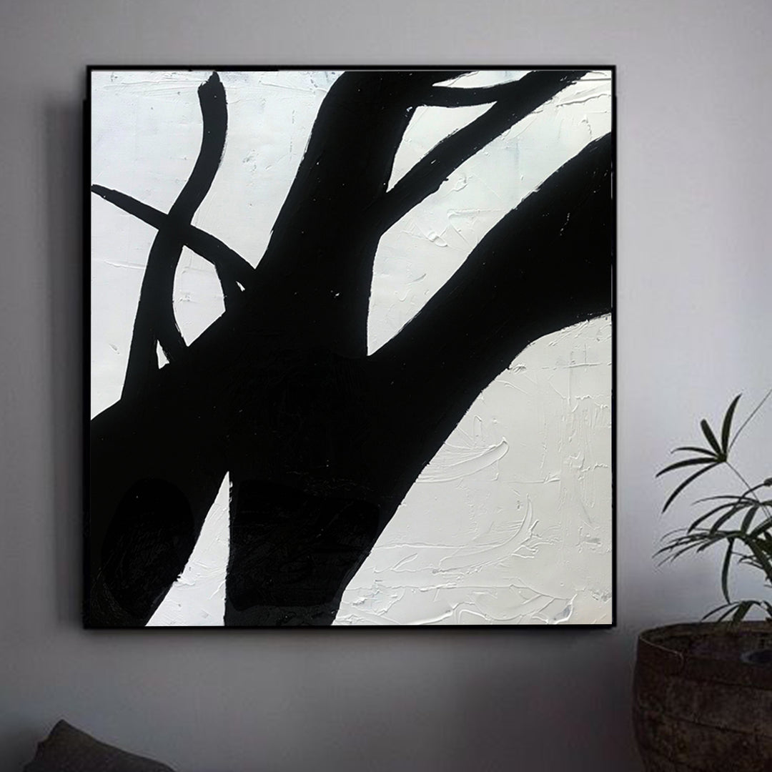 Large Abstract Minimalist Painting On Canvas, Black and White Square Size Painting - wall modern art 
