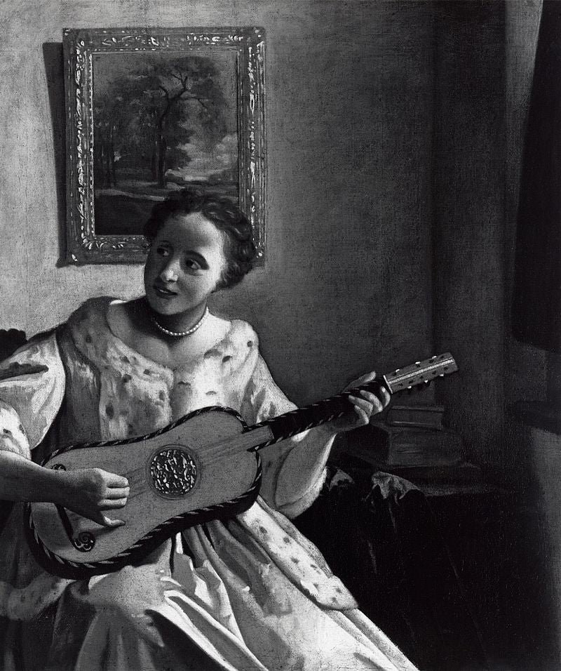 A Lady Playing the Guitar by Johannes Vermeer Reproduction Painting by Blue Surf Art