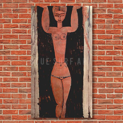 "Standing Caryatid 1913" by Amedeo Modigliani, reproduce in oil painting on canvas - showcase on the red bricks wall
