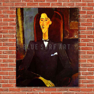 "Portrait of Jean Cocteau" by Amedeo Modigliani reproduction, in oil painting on canvas - product showcase on red bricks wall