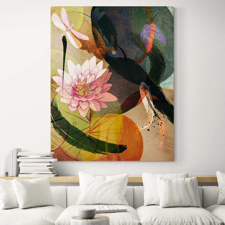 Summer Vibe Asian Wall Art, Lotus Pond and Koi Fish Canvas Art Painting - living room
