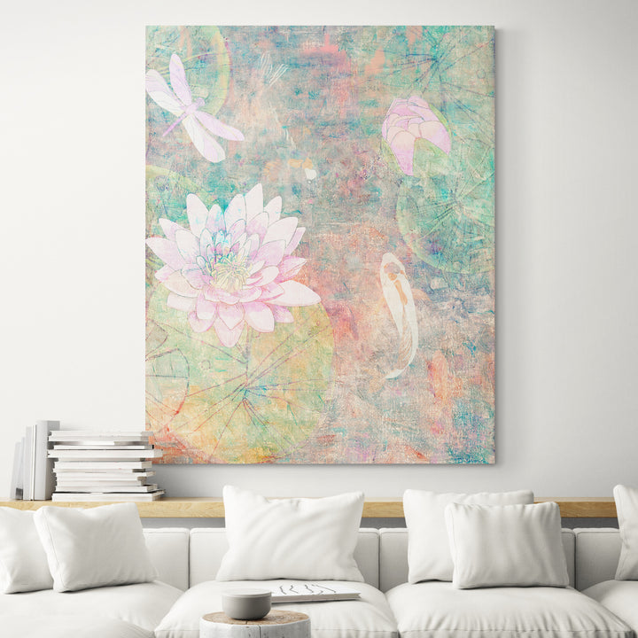 Asian Wall Art, Lotus Pond and Koi Fish Canvas Art Painting  - Living room
