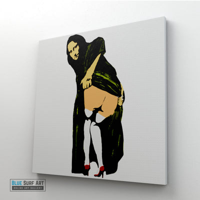 Banksy Mona Lisa Mooning, Banksy Canvas Art, Banksy Wall Art Painting, Handmade Painting
