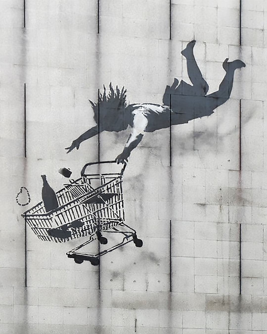 Banksy Falling Shopping Cart Street Art Original Oil Painting 100% Handmade Art for Sale