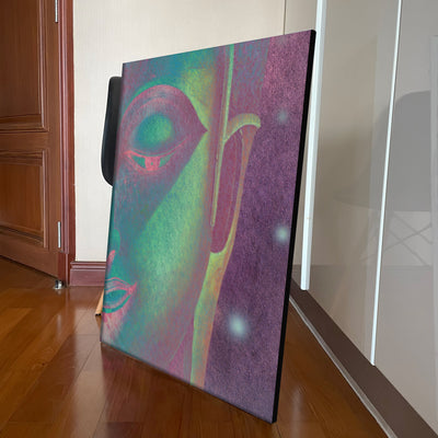 Pastel Green and Pink Buddha Portrait Art Canvas - showcase in a studio