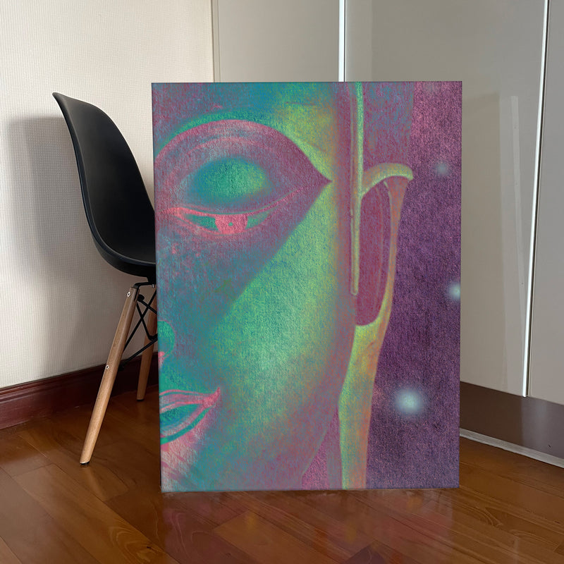 Pastel Green and Pink Buddha Portrait Art Canvas - showcase in studio