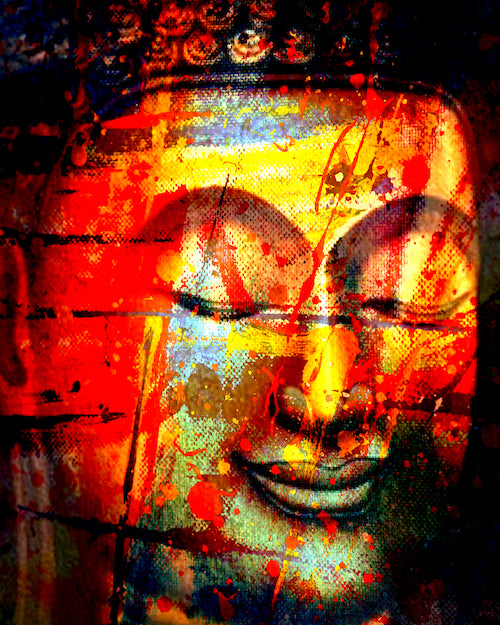 Buddha Smile Portrait in Red Abstract Style