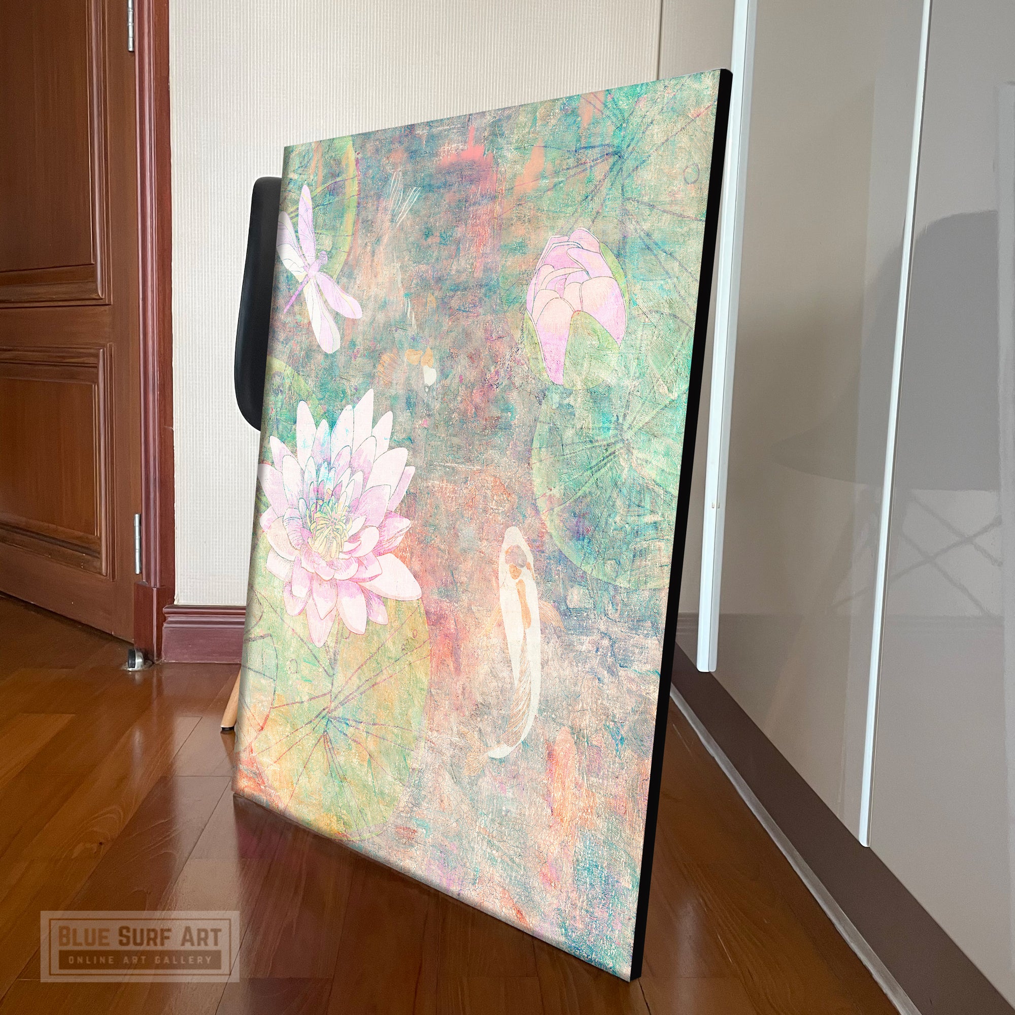 Asian Wall Art, Lotus Pond and Koi Fish Canvas Art Painting