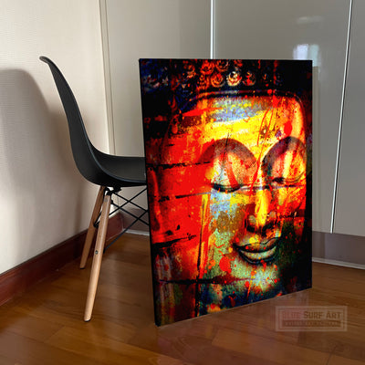 Buddha Smile Portrait in Red Abstract Style - canvas showcase in studio 