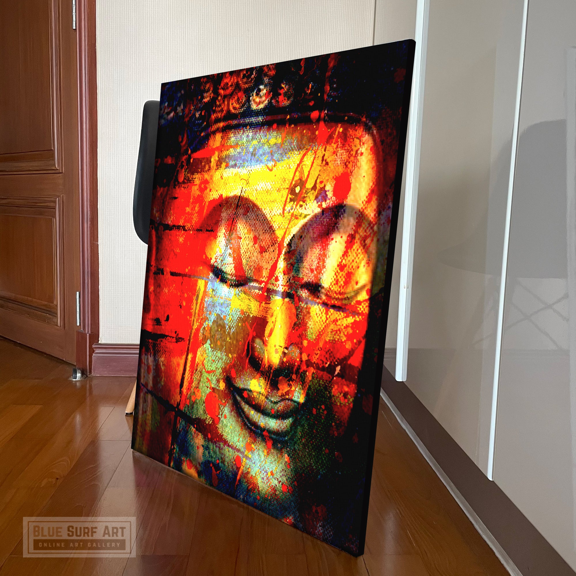 Buddha Smile Portrait in Red Abstract Style - canvas showcase in studio 