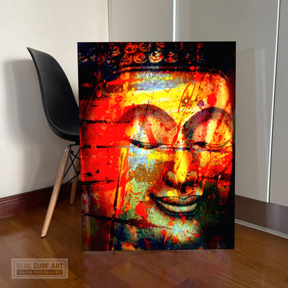Buddha Smile Portrait in Red Abstract Style - canvas showcase in studio 