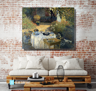 Monet Luncheon, 1973. Reproduction Oil Painting on Canvas I Blue Surf Art - living room