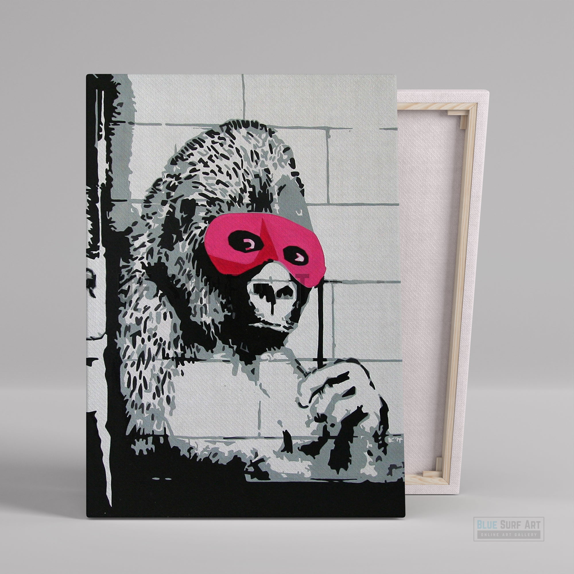 Bansky Gorilla with Pink Mask. Banksy wall art, Banksy canvas art, backs artist, banksy prints, banksy artworks, banksy work, banksy reproduction, banksy canvas art, street art on canvas, banksy original wall art -2