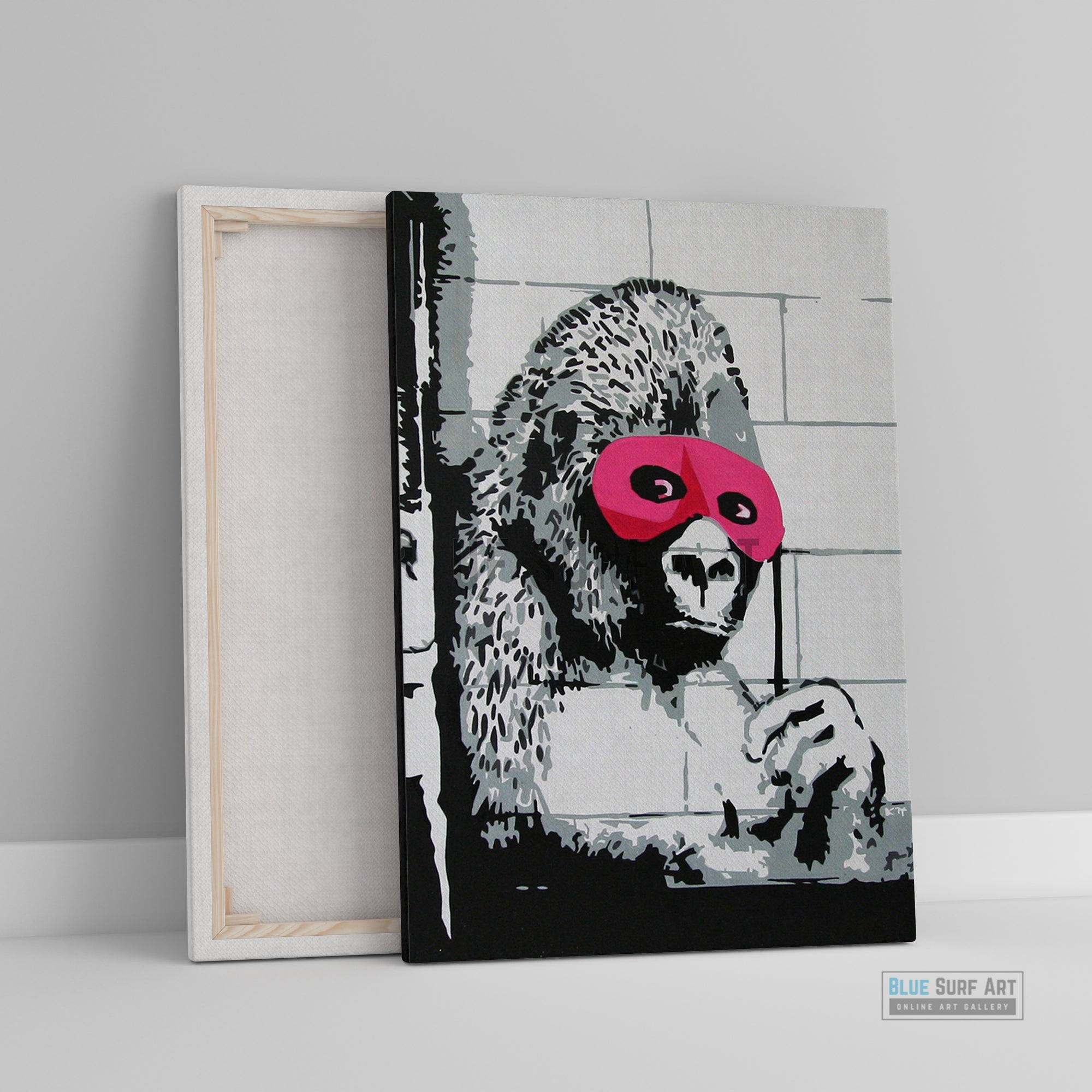 Bansky Gorilla with Pink Mask. Banksy wall art, Banksy canvas art, backs artist, banksy prints, banksy artworks, banksy work, banksy reproduction, banksy canvas art, street art on canvas, banksy original wall art