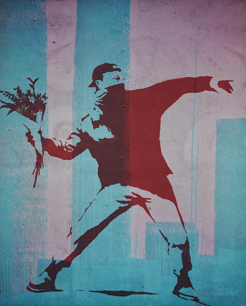 Banksy Flower Thrower, Banksy wall art, Street art painting, oil on canvas, living room art