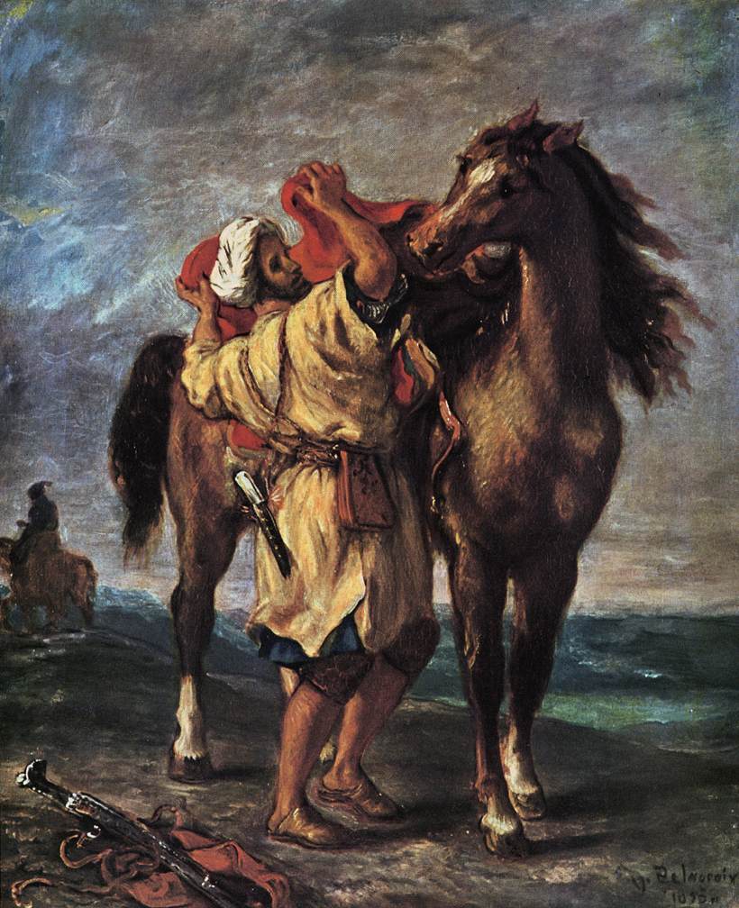 A Moroccan Saddling a Horse by Eugène Delacroix Reproduction Painting by Blue Surf Art
