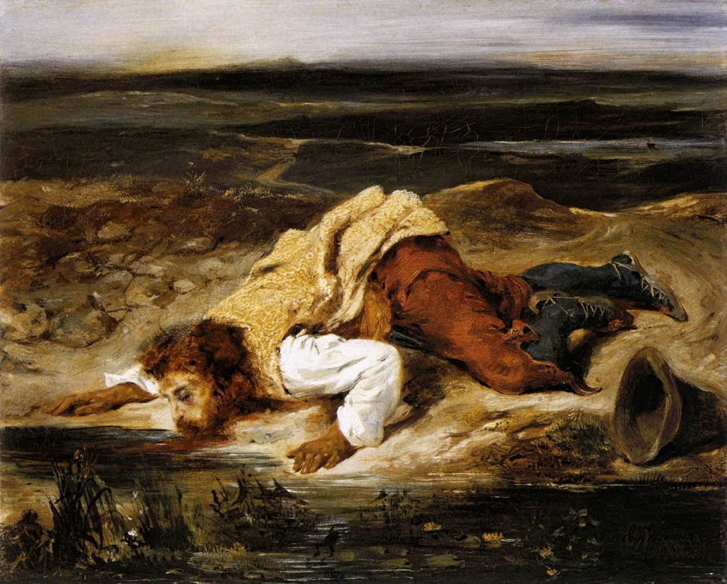 A Mortally Wounded Brigand Quenches his Thirst by Eugène Delacroix Reproduction Painting by Blue Surf Art