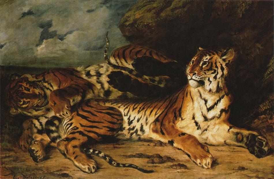 A Young Tiger Playing with Its Mother by Eugène Delacroix Reproduction Painting by Blue Surf Art