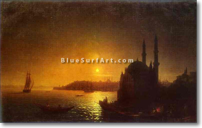View of Constantinople by Moonlight by Ivan Aivazovsky Reproduction Painting by Blue Surf Art