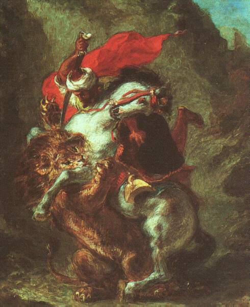 Arab Horseman Attacked by Lion by Eugène Delacroix Reproduction Painting by Blue Surf Art