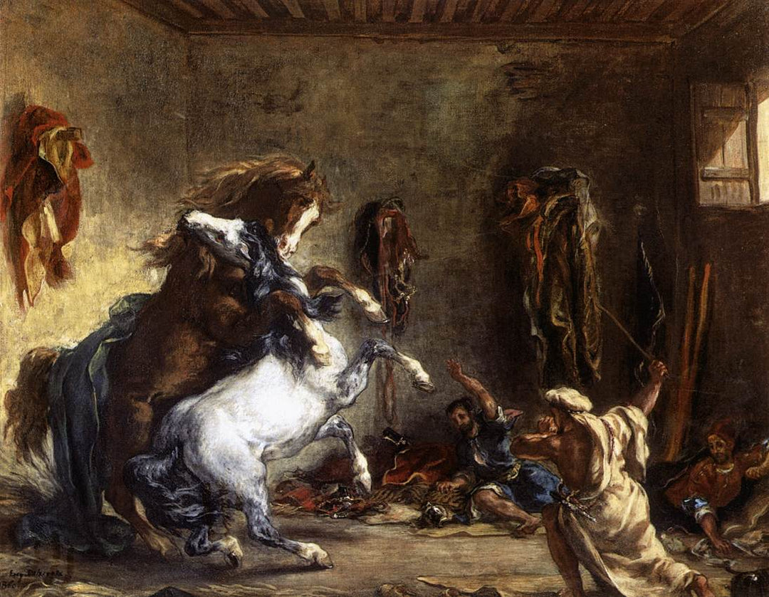 Arab Horses Fighting in a Stable by Eugène Delacroix Reproduction Painting by Blue Surf Art