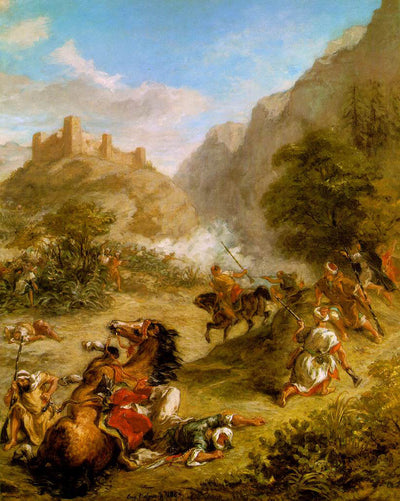 Arabs Skirmishing in the Mountains  by Eugène Delacroix Reproduction Painting by Blue Surf Art