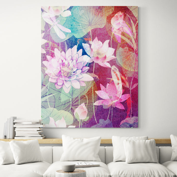 Asian Wall Art, Lotus Pond and Koi Fish Canvas Art Painting II - living room