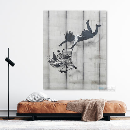 Banksy Falling Shopping Cart Street Art Original Oil Painting 100% Handmade Art for Sale