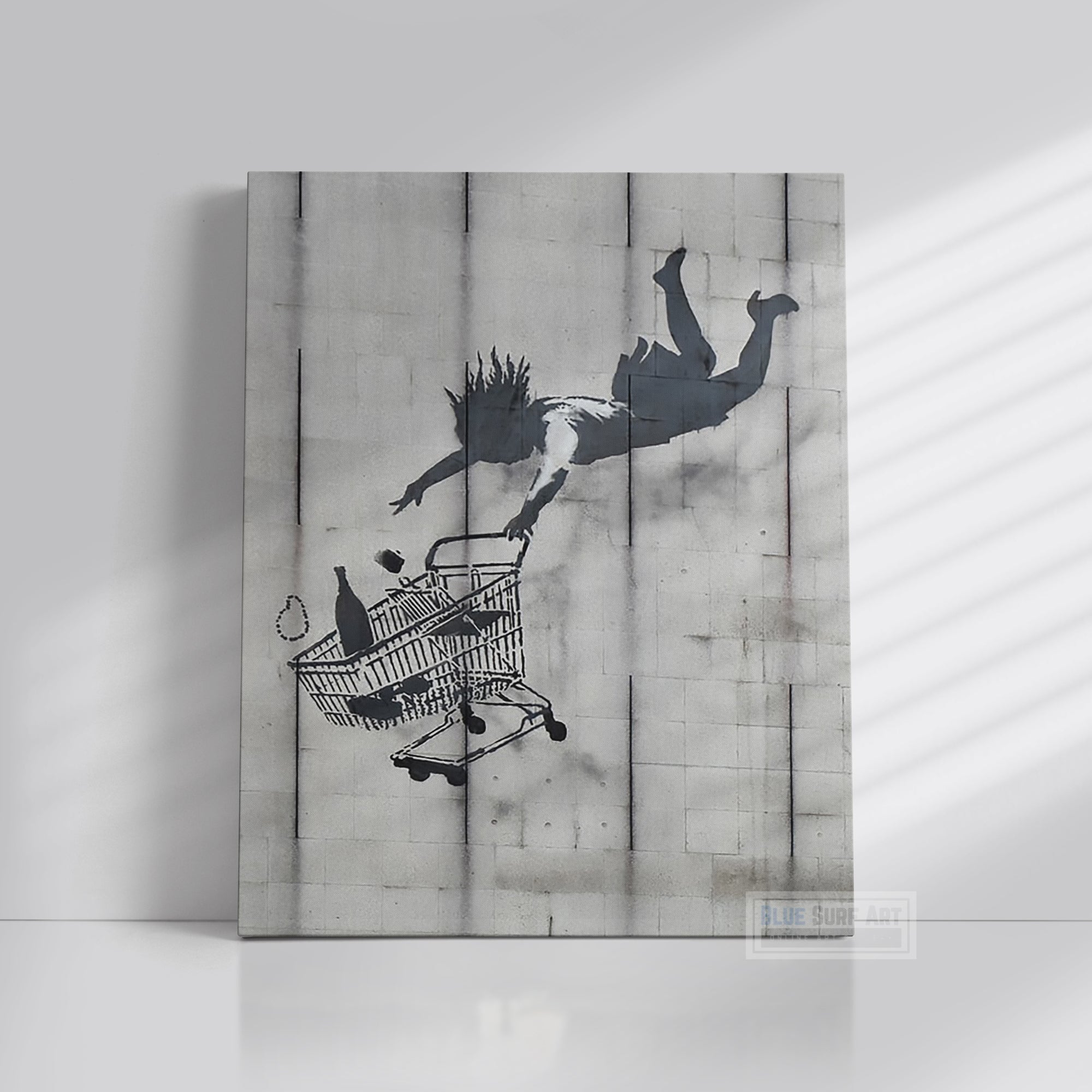 Banksy Falling Shopping Cart Street Art Original Oil Painting 100% Handmade Art for Sale